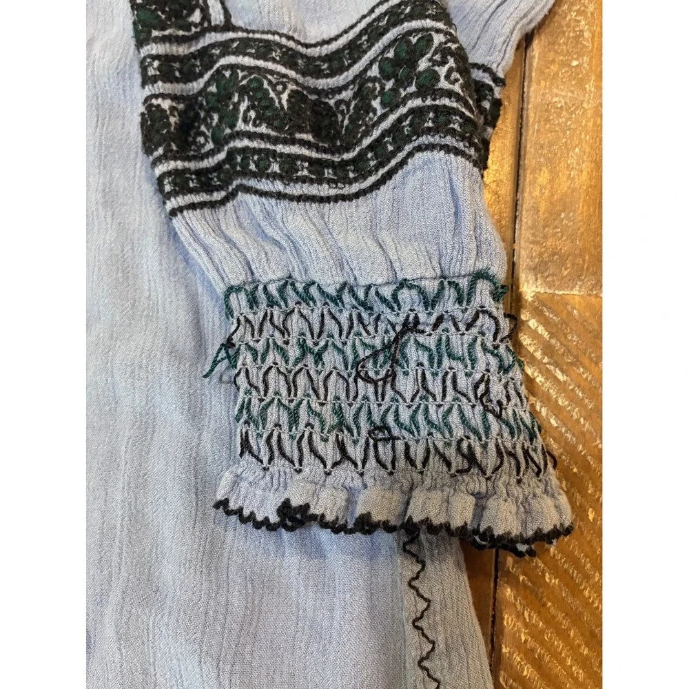 Free‎ People Embroidered Peasant Mini Dress Blue Boho Tassel V-Neck M